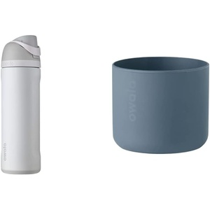 Owala FreeSip Insulated Stainless Steel Water Bottle, 24-Ounce, Shy Marshmallow & Silicone Water Bottle Boot, Anti-Slip Protective Sleeve Cover for 24-oz FreeSip, Twist, Blue(Shy Marshmallow)
