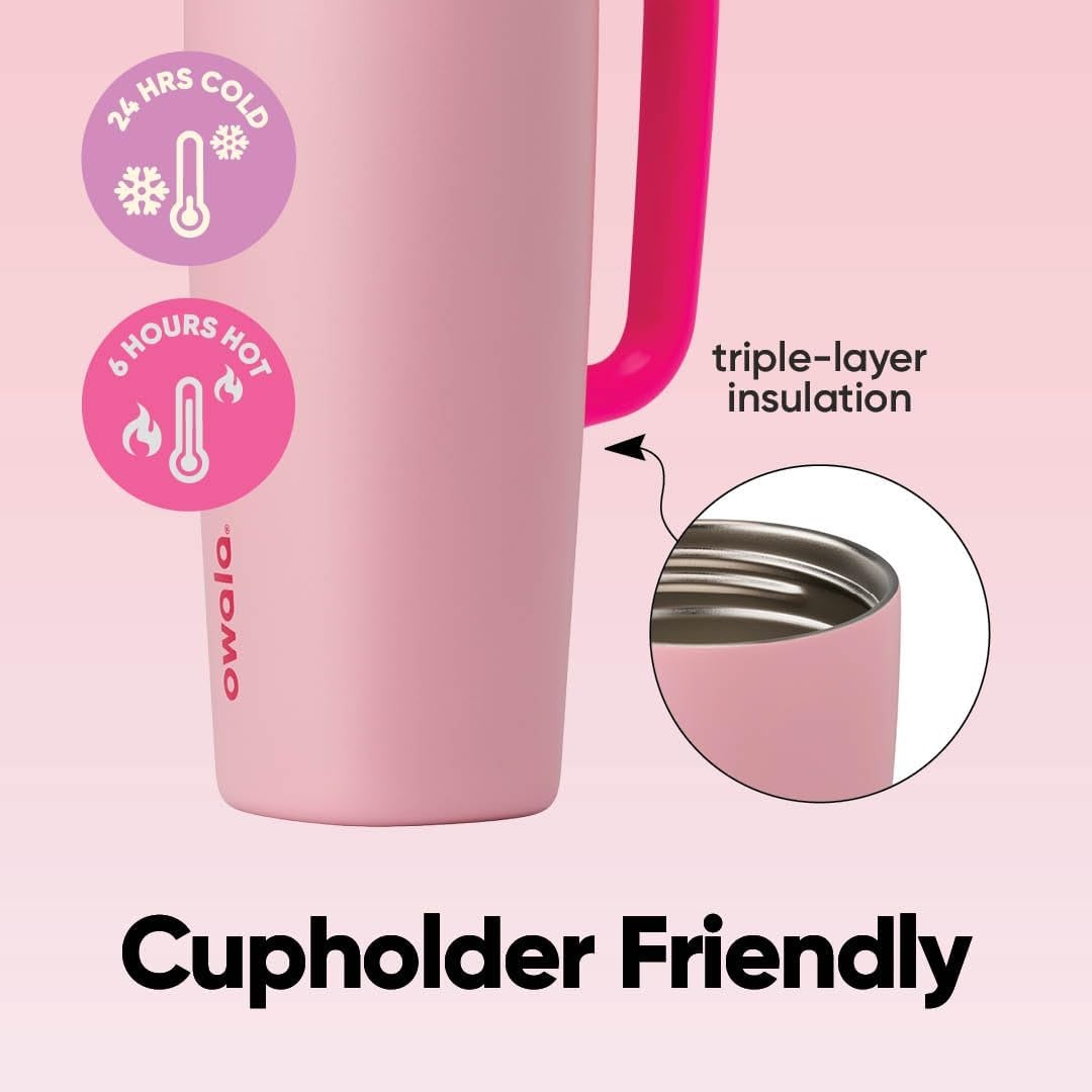 image:imageOwala SmoothSip Slider Stainless Steel Insulated Travel Mug with Handle 100 Leak Proof For Hot and Cold Drinks Travel Friendly with Sliding Lock Lid BPA Free 24 oz Black CherryPucker Up
