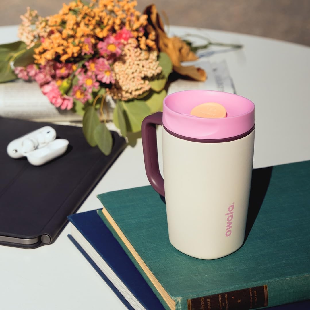 image:imageOwala SmoothSip Slider Stainless Steel Insulated Travel Mug with Handle 100 Leak Proof For Hot and Cold Drinks Travel Friendly with Sliding Lock Lid BPA Free 24 oz Black CherryPucker Up