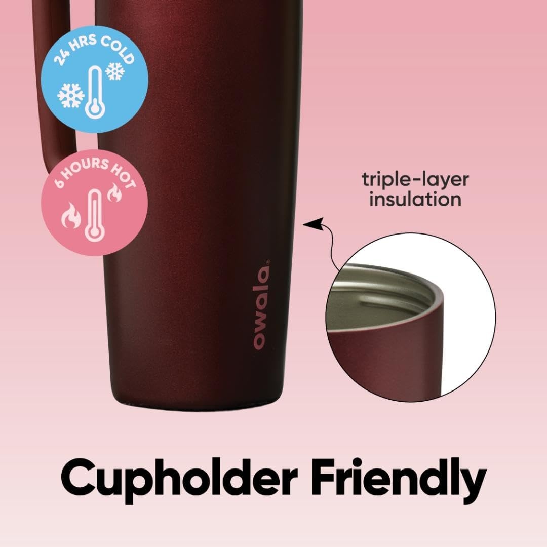 image:imageOwala SmoothSip Slider Stainless Steel Insulated Travel Mug with Handle 100 Leak Proof For Hot and Cold Drinks Travel Friendly with Sliding Lock Lid BPA Free 24 oz Black CherryBlack Cherry