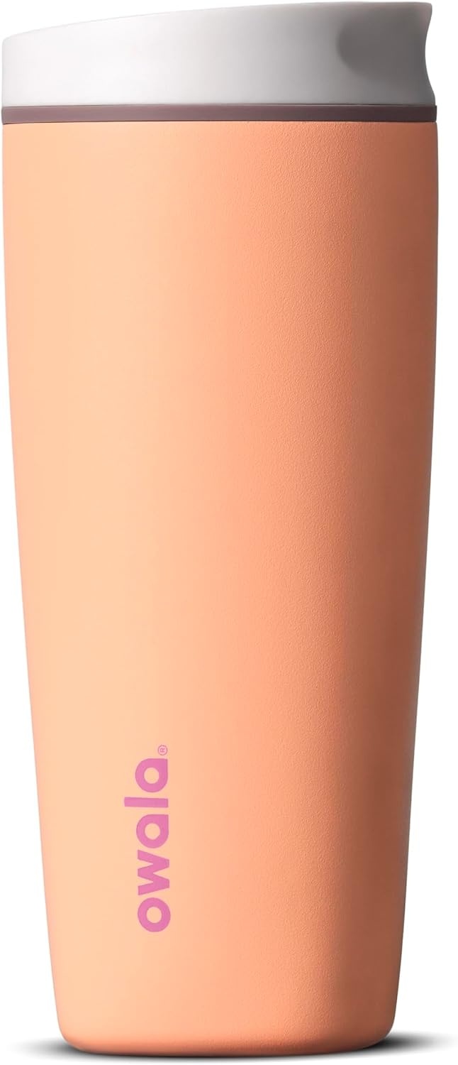 image:imageOwala SmoothSip Slider Stainless Steel Insulated Travel Mug with Handle 100 Leak Proof For Hot and Cold Drinks Travel Friendly with Sliding Lock Lid BPA Free 24 oz Black CherryPeachy Keen