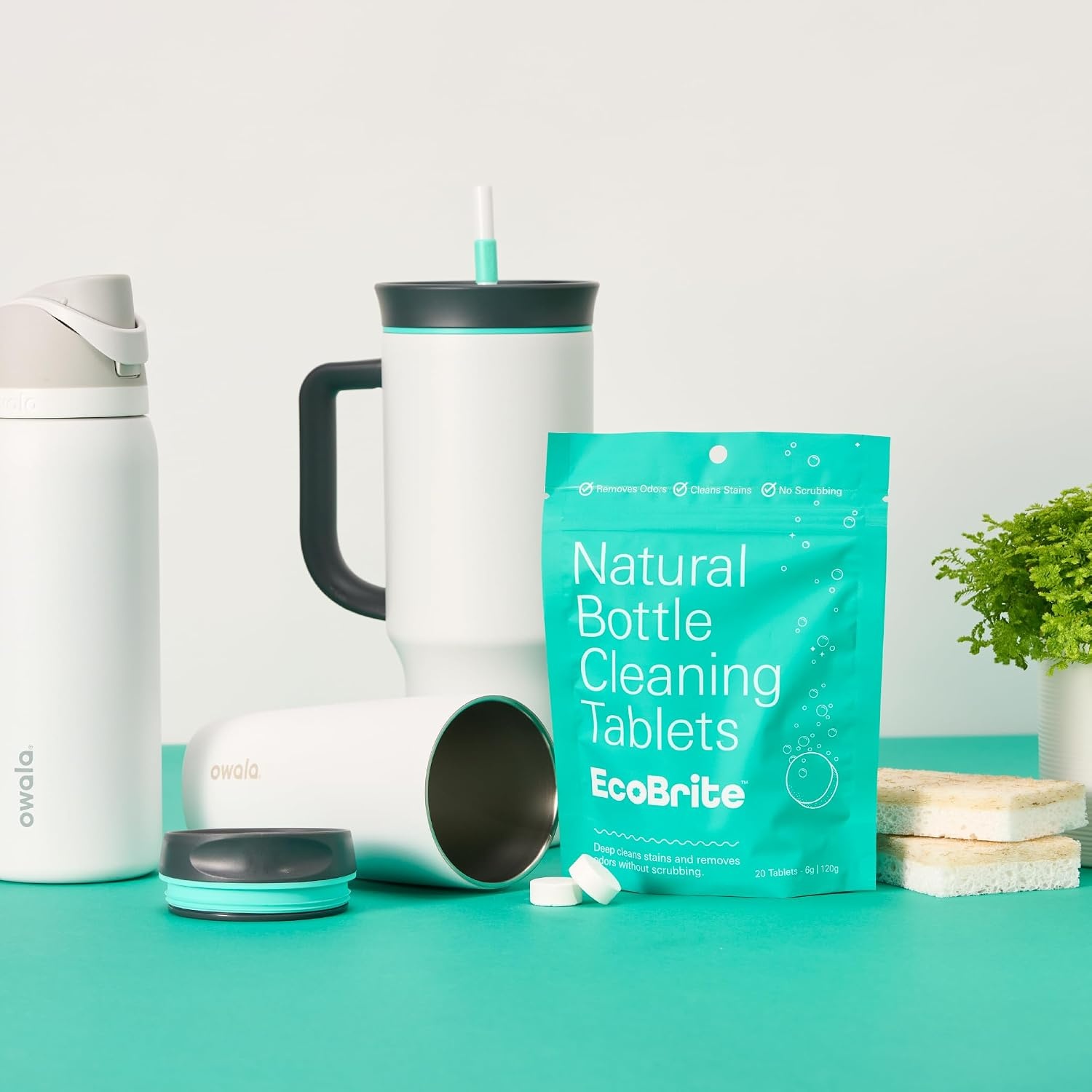 image:imageOwala EcoBrite Powerful Cleaning Tablets Cleans Bottles Coffee Cups Pots Pans Camping Gear Pet Bowls and Much More 20 pack Individually Wrapped Made From Naturally Sourced ingredients
