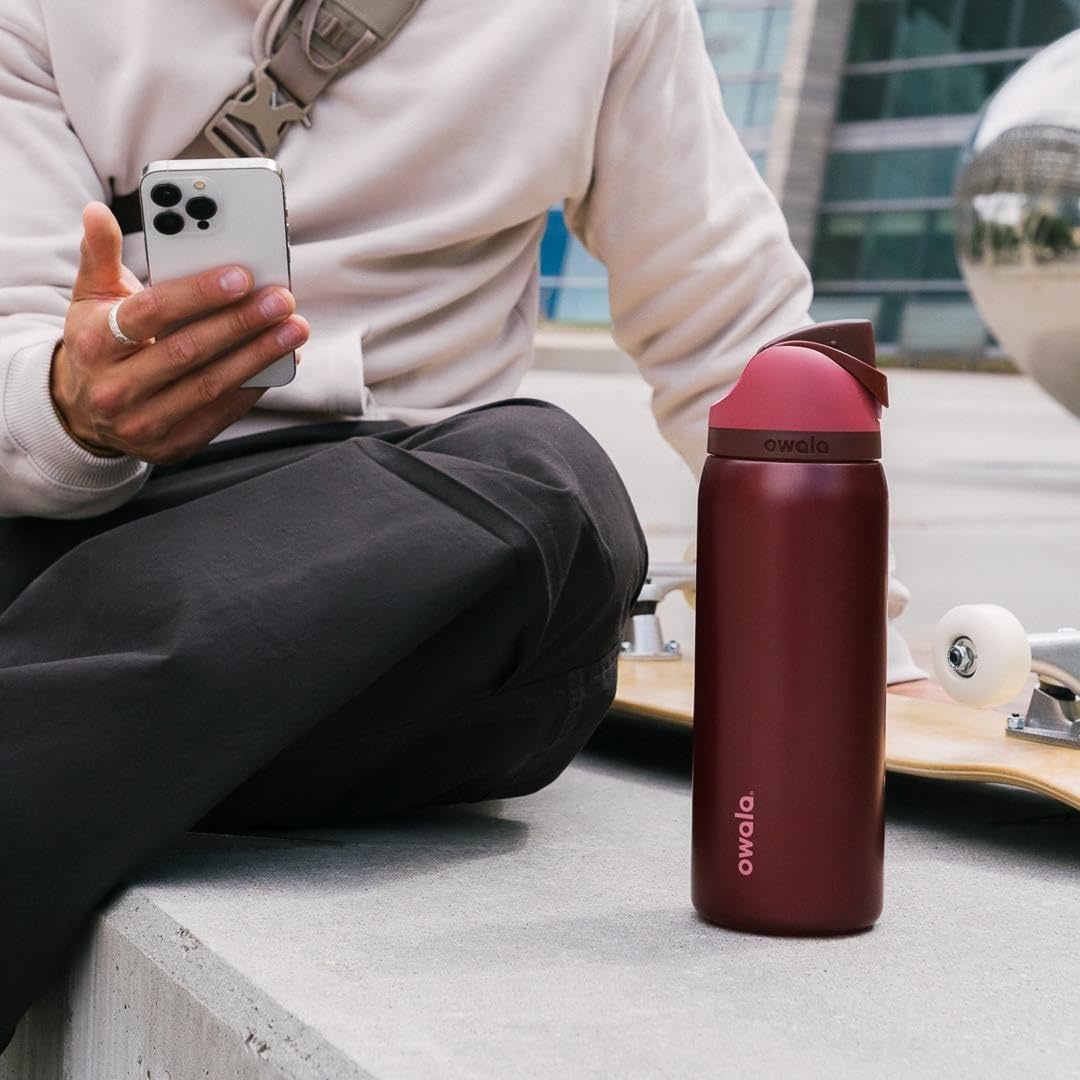 image:imageOwala FreeSip Kids Stainless Steel Water Bottle 16 oz Trail OnBlack Cherry